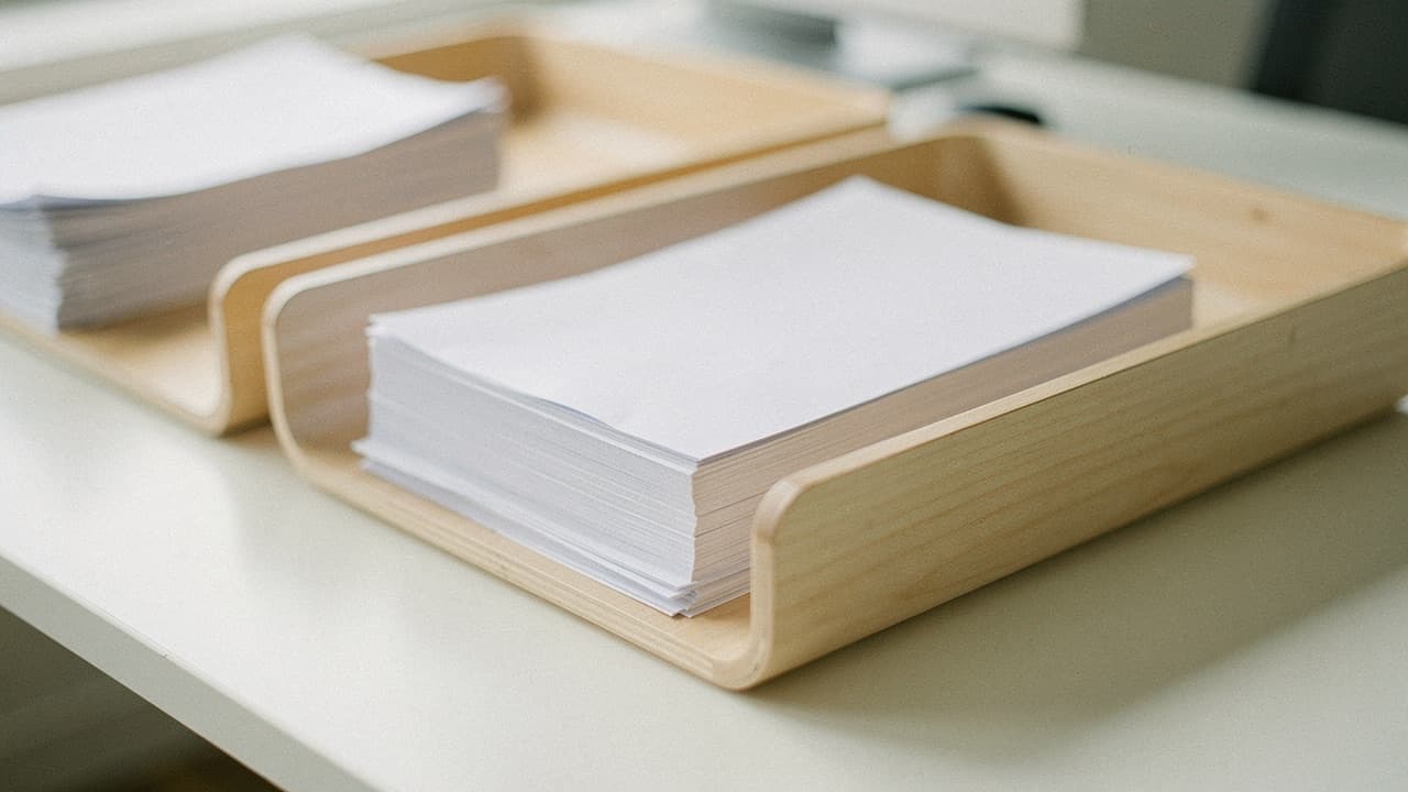 Sorterede papirbunker i bakker på et lyst skrivebord